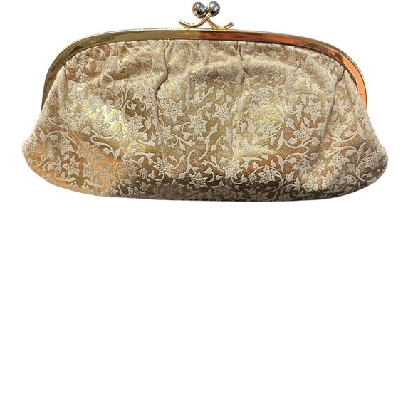 Vtg Gold Brocade Evening Clutch Kiss Lock Purse Red Lining Classic Formal Bag - Picture 3 of 6